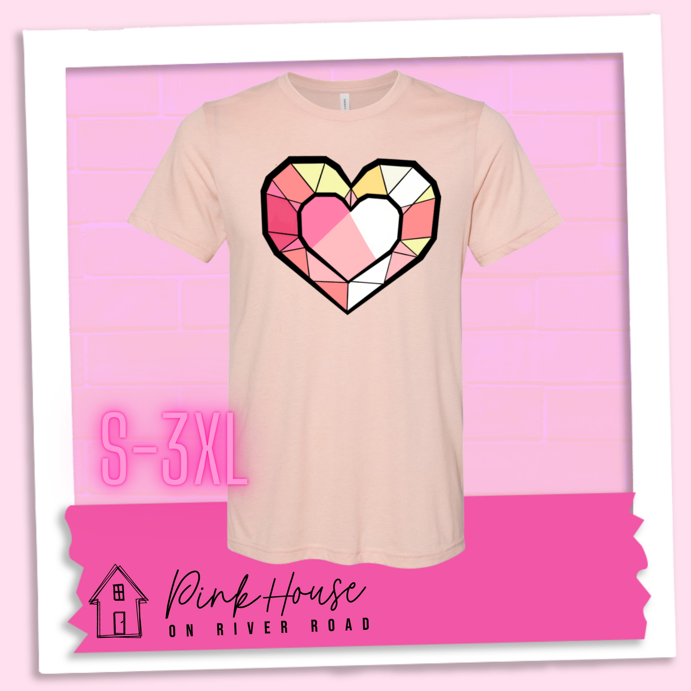 Heather Peach graphic tee. the graphic is of a geometric heart, it has black outlines to make it look like a gem with different shades of pinks, yellows, and white.