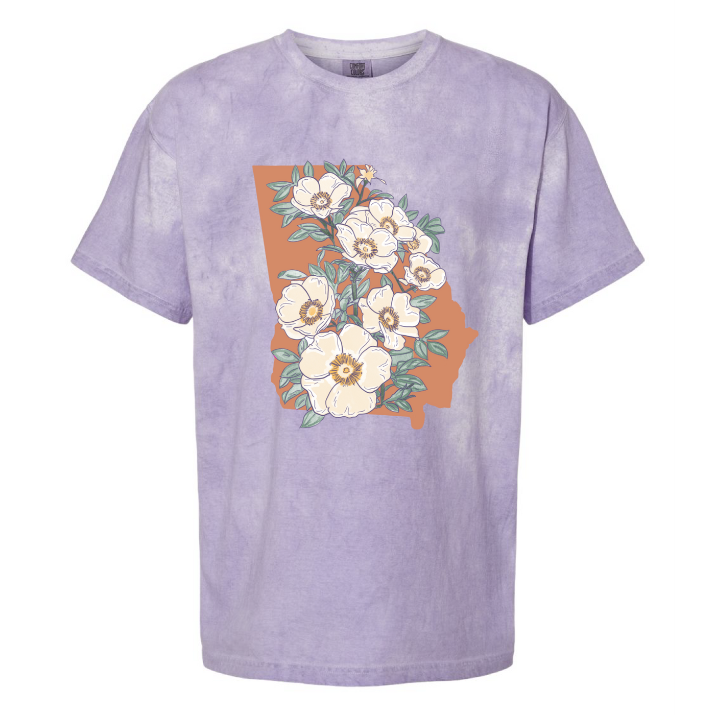 An amethyst colorblast tee with a graphic of the state of Georgia in peach covered with the state flower of Georgia.