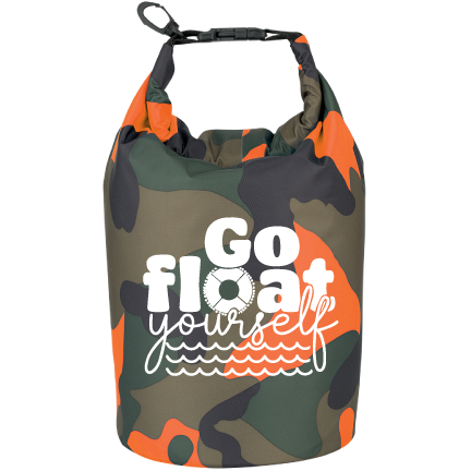 Orange Camo dry bag that says Go Float yourself, the O is a floatie and there are waves under the text