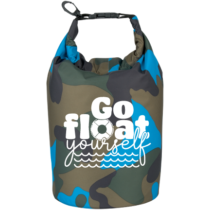 Blue Camo dry bag that says Go Float yourself, the O is a floatie and there are waves under the text