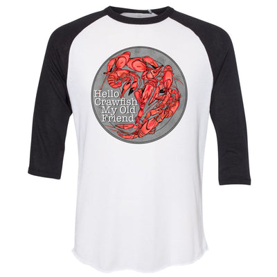 Black & White Raglan. Graphic is a grey plate full of crawfish and the words "Hello Crawfish My Old Friend" In a white font towards the bottom left of the plate