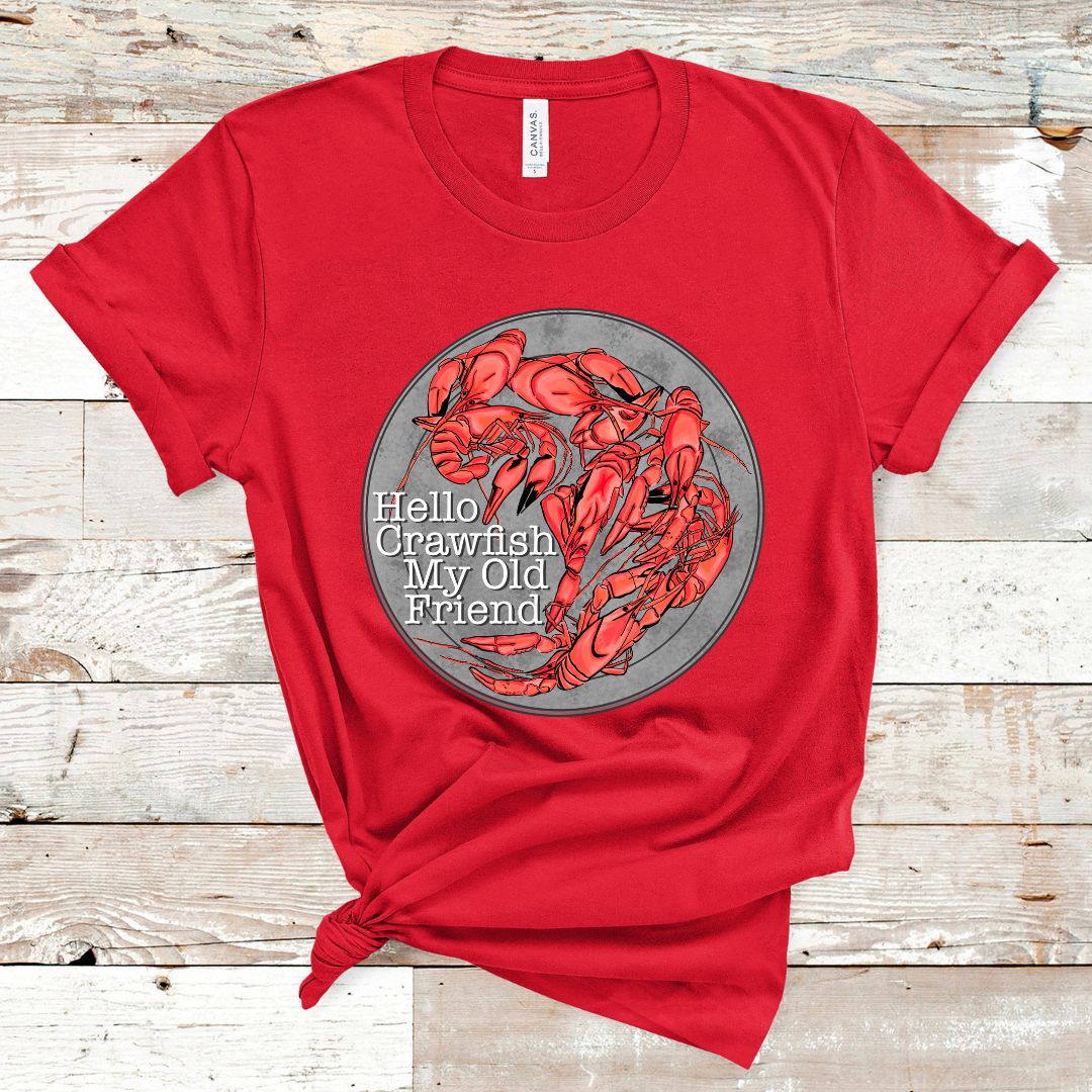 Heather Red Tee. Graphic is a grey plate full of crawfish and the words "Hello Crawfish My Old Friend" In a white font towards the bottom left of the plate