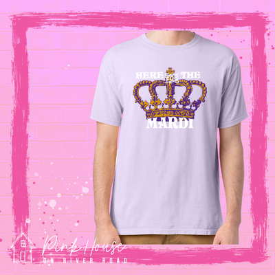 Lavender Graphic tee. Graphic is of an ornate Crown in purple and gold. Above the crown reads "Here for the" and under the crown reads "Mardi"