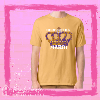 Mustard Graphic tee. Graphic is of an ornate Crown in purple and gold. Above the crown reads "Here for the" and under the crown reads "Mardi"