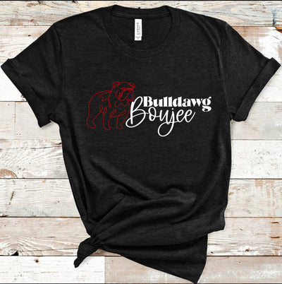Black shirt that has a line drawing of a bulldog in red and the words Bulldog Boujess in white next to the bulldog and the word boujee is in cursive