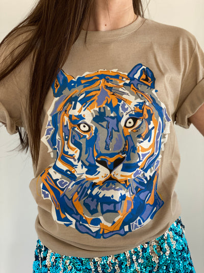 Layered Tiger Graphic Tee - Blue & Orange