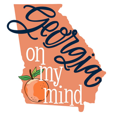 A graphic of the state of Georgia in peach with the words Georgia on my mind and a peach on the Georgia. The Georgia is a blue cursive font and on my mind is in white.