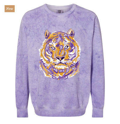 Purple tie dye sweatshirt with a white, orange and purple layered tiger graphic