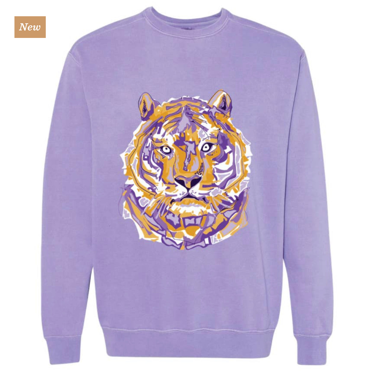 Purple long sleeve tee with a white, orange and purple layered tiger graphic