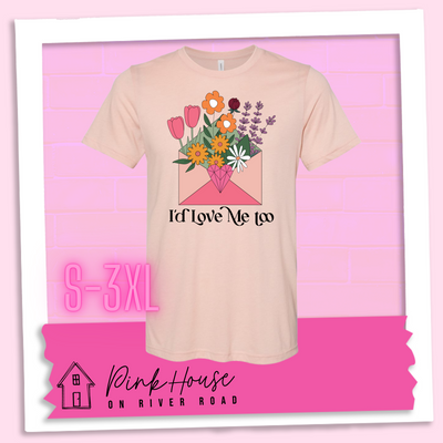 Heather Peach tee with a graphic of a pink envelope filled with different types of flowers and a geometric heart seal. The text underneath reads "I'd Love Me Too"