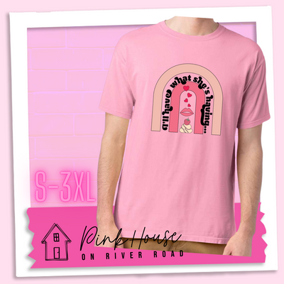 Cotton Candy Pink tee with a graphic of a strawberry dessert and a set of lips with hearts, there is a pink arch going over the art. There is a retro font arched over the pink art that says "I'll have what she's having..." in black with another arch above that in light pink.