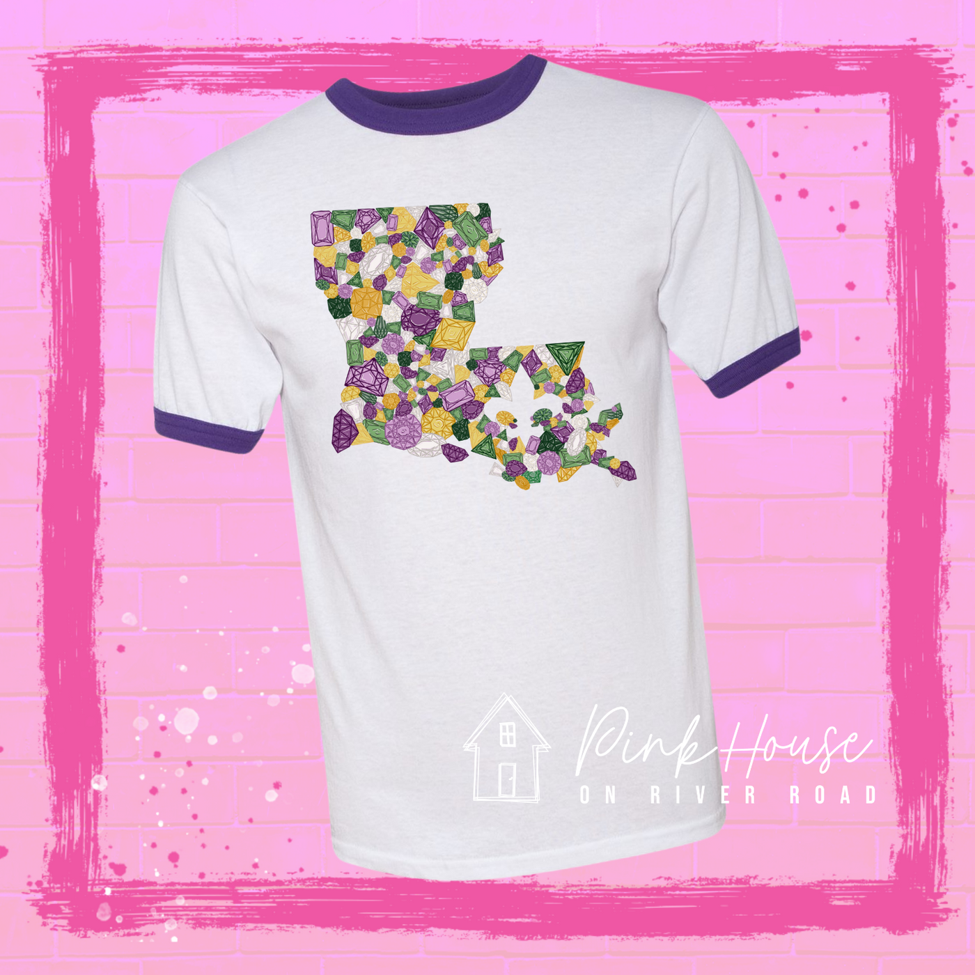 White & Purple Ringer tee with a graphic of the state of Louisiana compromised of different shapes and sizes of purple, green, yellow and clear jewels.