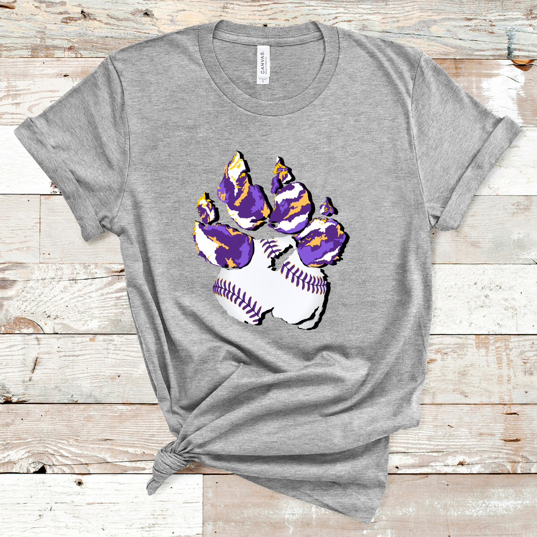 Athletic Grey. Graphic of a paw print, the pad of the paw is baseball print with purple laces and the toe pads are abstract purple, yellow, and white print.