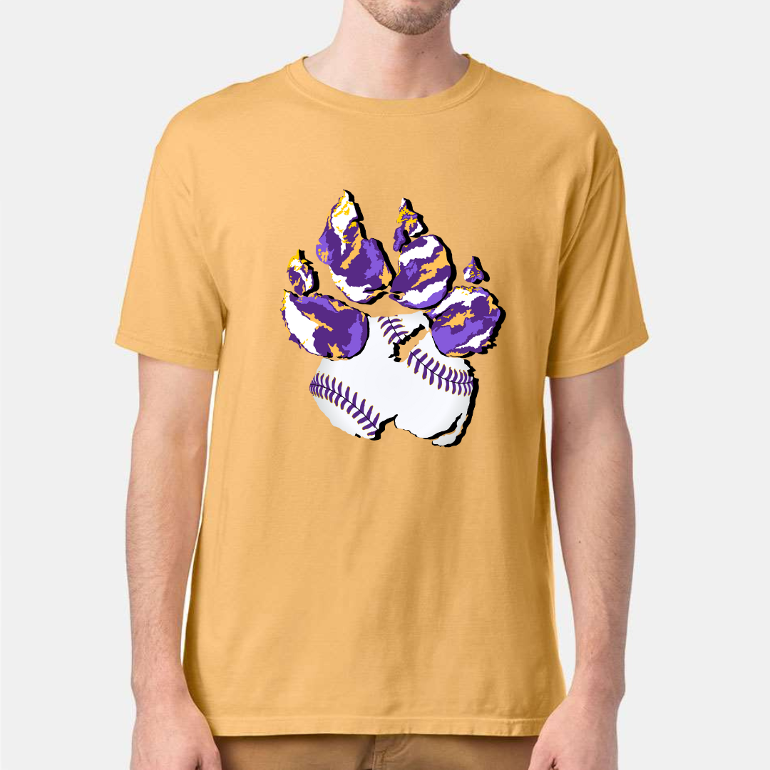 Gold Tee. Graphic of a paw print, the pad of the paw is baseball print with purple laces and the toe pads are abstract purple, yellow, and white print.