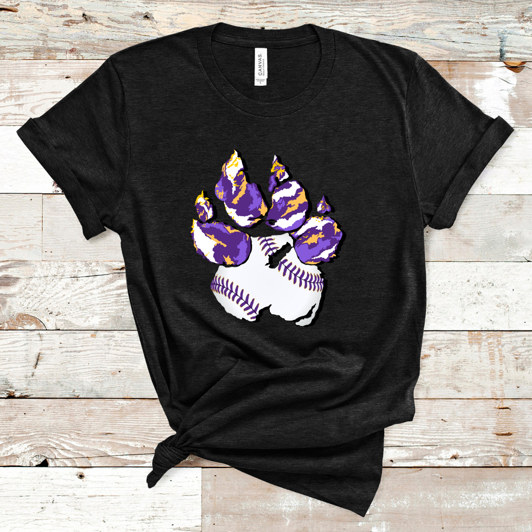 Heather Black. Graphic of a paw print, the pad of the paw is baseball print with purple laces and the toe pads are abstract purple, yellow, and white print.