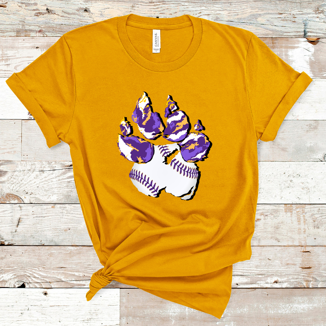 Heather Mustard Tee. Graphic of a paw print, the pad of the paw is baseball print with purple laces and the toe pads are abstract purple, yellow, and white print.