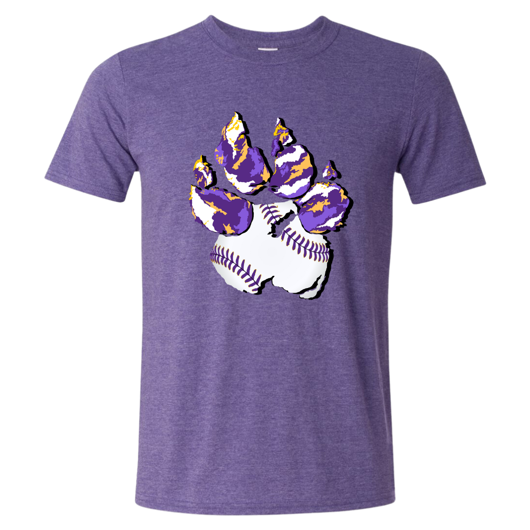 Heather Purple Tee. Graphic of a paw print, the pad of the paw is baseball print with purple laces and the toe pads are abstract purple, yellow, and white print.
