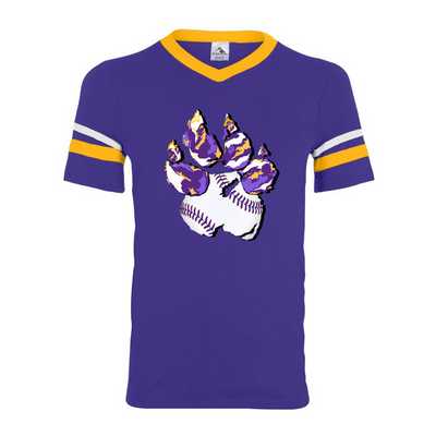 Purple and Gold Varsity V Neck. Graphic of a paw print, the pad of the paw is baseball print with purple laces and the toe pads are abstract purple, yellow, and white print.