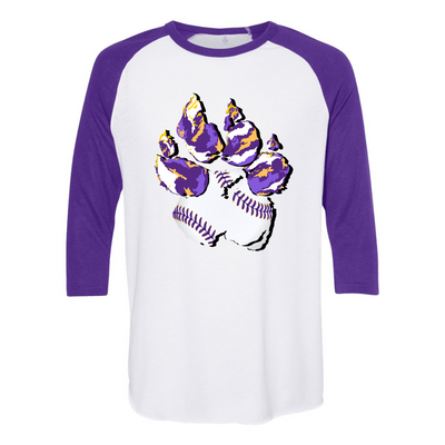 Purple and White Raglan. Graphic of a paw print, the pad of the paw is baseball print with purple laces and the toe pads are abstract purple, yellow, and white print.