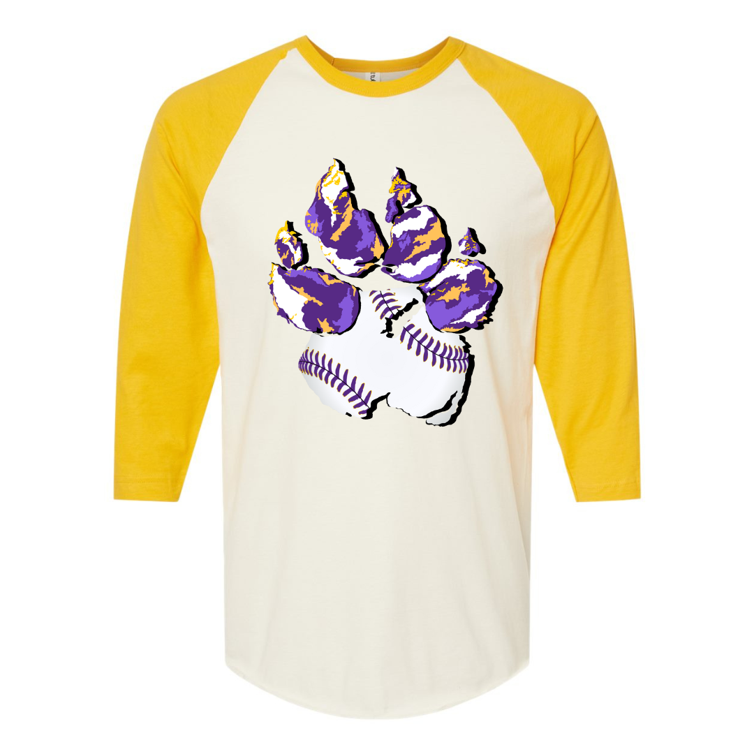 Yellow and White Raglan. Graphic of a paw print, the pad of the paw is baseball print with purple laces and the toe pads are abstract purple, yellow, and white print.
