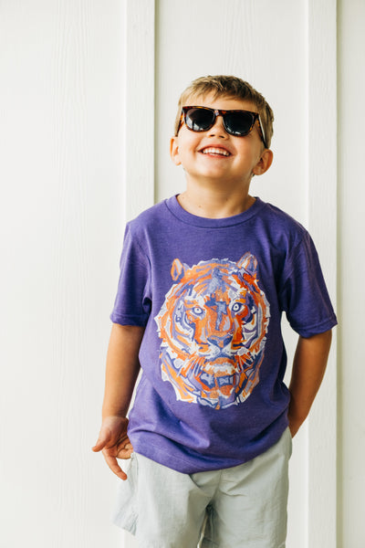 Purple tee with a white, orange and purple layered tiger graphic