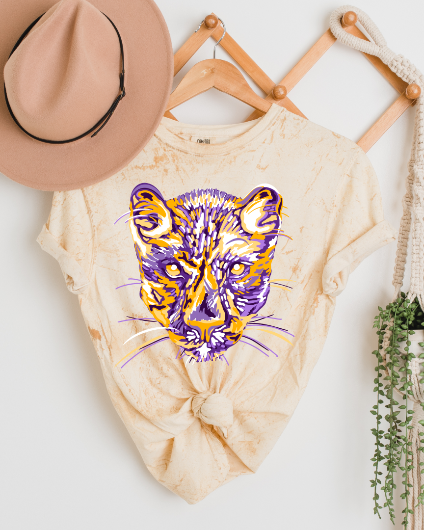 Citrine Colorblast shirt with a yellow, white and purple layered panther graphic