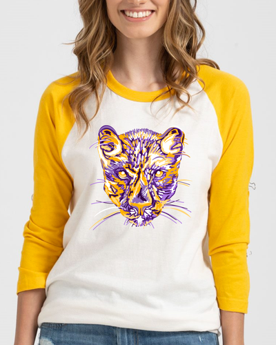 White raglan with yellow sleeves with a yellow, white and purple layered panther graphic