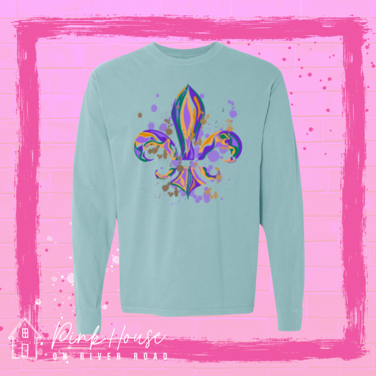Green long sleeve tee with a Fleur de Lis made up of layered green, yellow, and purple with green, yellow and purple colored splatters.