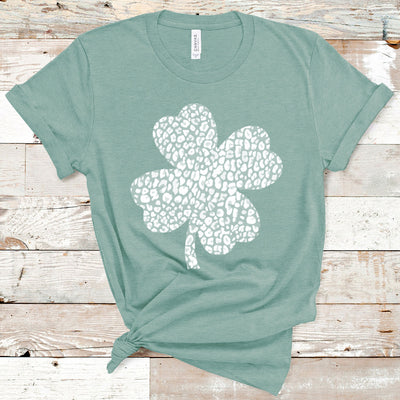 Dusty Blue tee with a leopard print 4 leaf clover