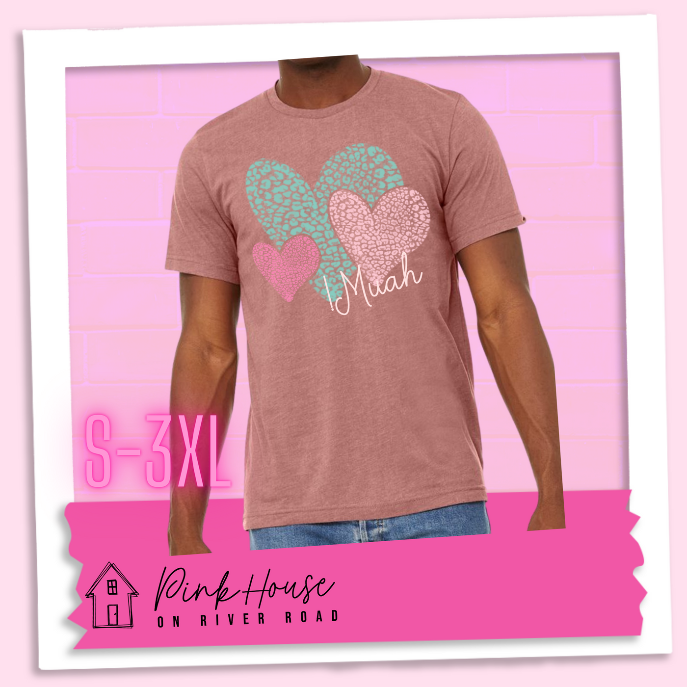 Heather Mauve tee with 3 different colored leopard print hearts in various sizes in the lower right hand corner of the graphic is the word Muah in light punk script
