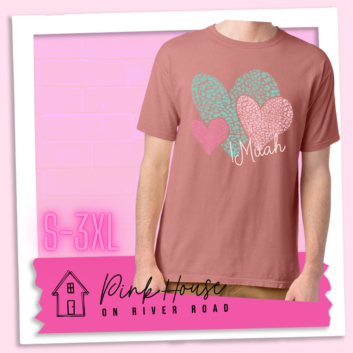 Mauve tee with 3 different colored leopard print hearts in various sizes in the lower right hand corner of the graphic is the word Muah in light punk script