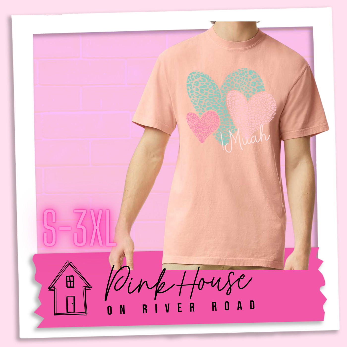 Peachy tee with 3 different colored leopard print hearts in various sizes in the lower right hand corner of the graphic is the word Muah in light punk script