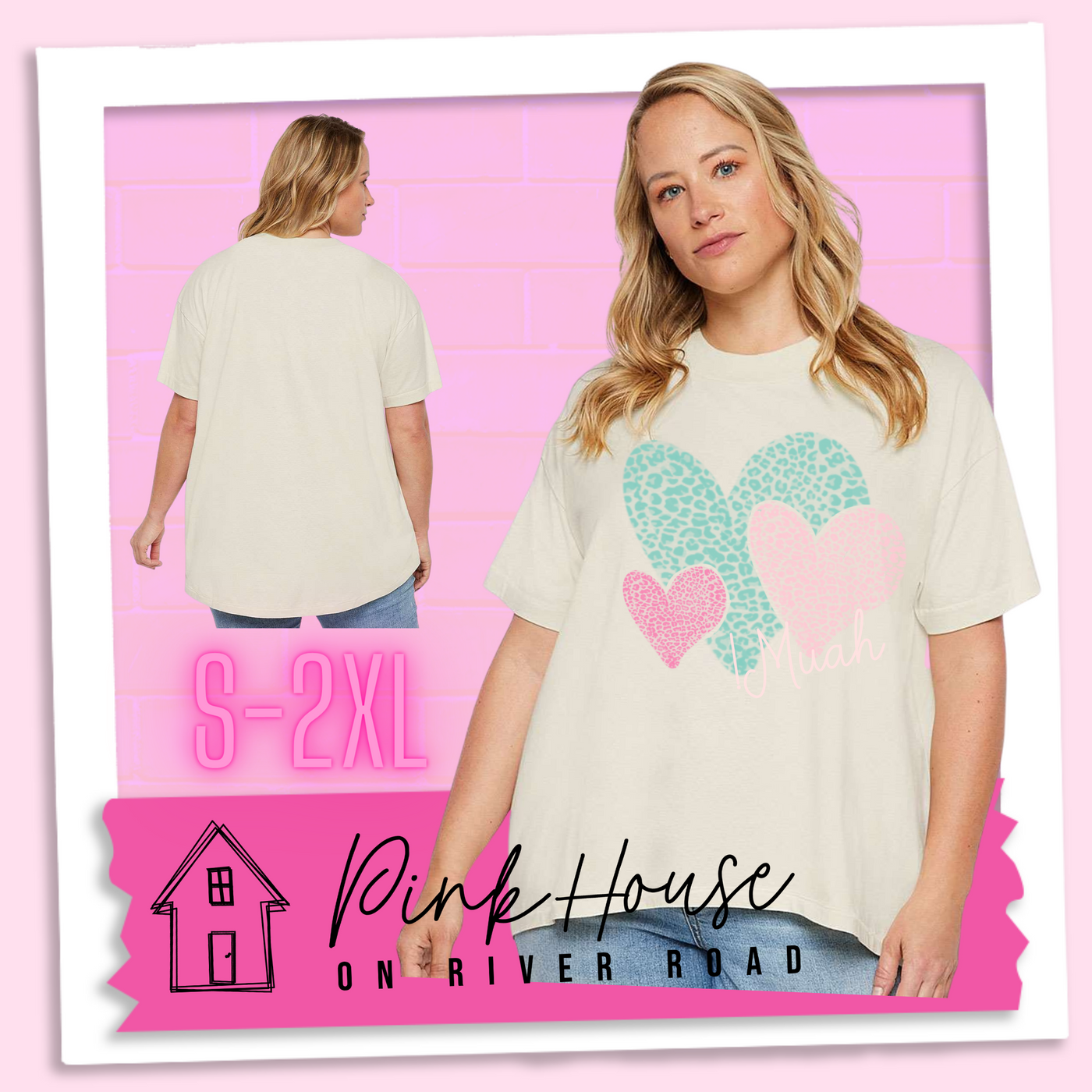 Oversized cream HiLo tee with 3 different colored leopard print hearts in various sizes in the lower right hand corner of the graphic is the word Muah in light punk script