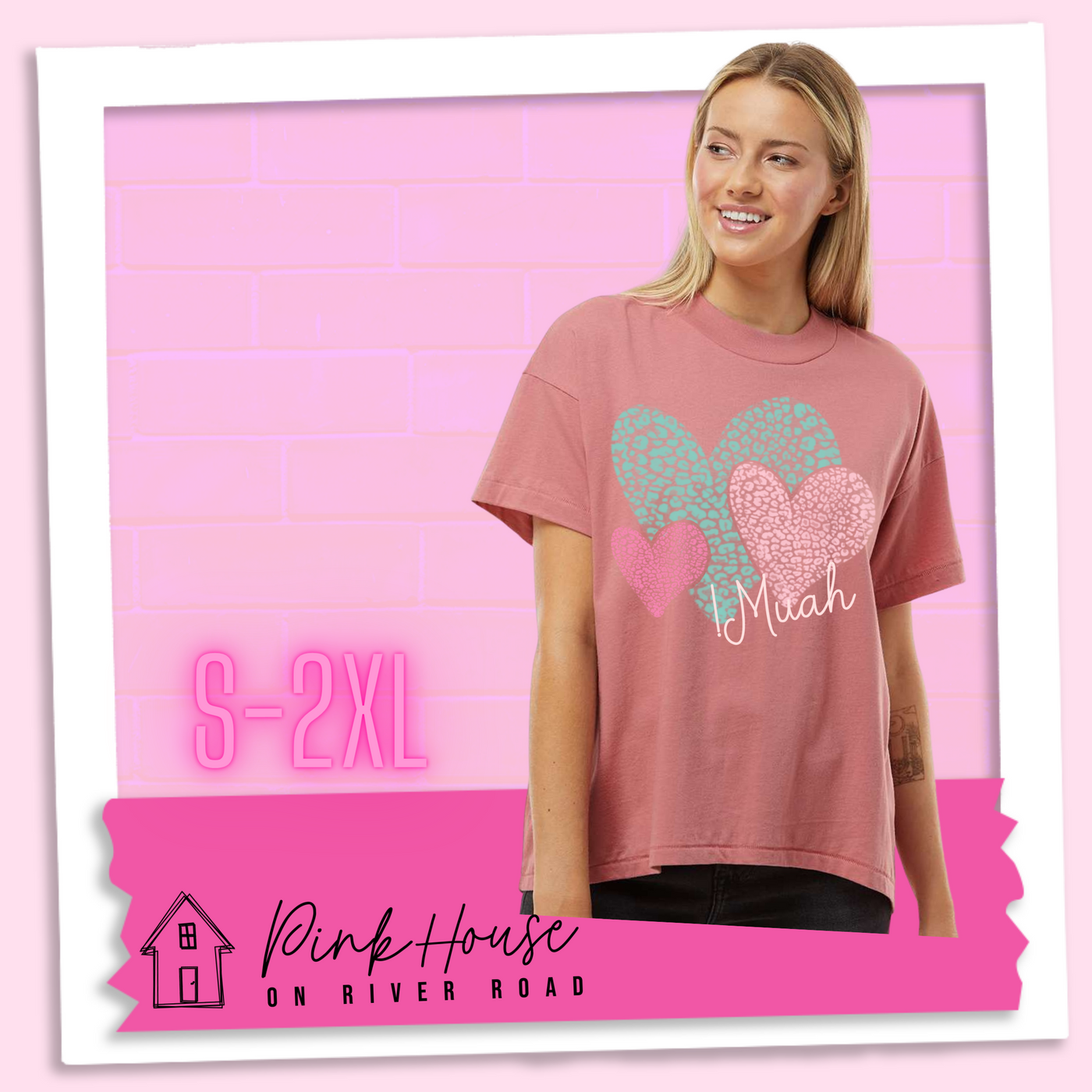 Oversized Mauve HiLo tee with 3 different colored leopard print hearts in various sizes in the lower right hand corner of the graphic is the word Muah in light punk script