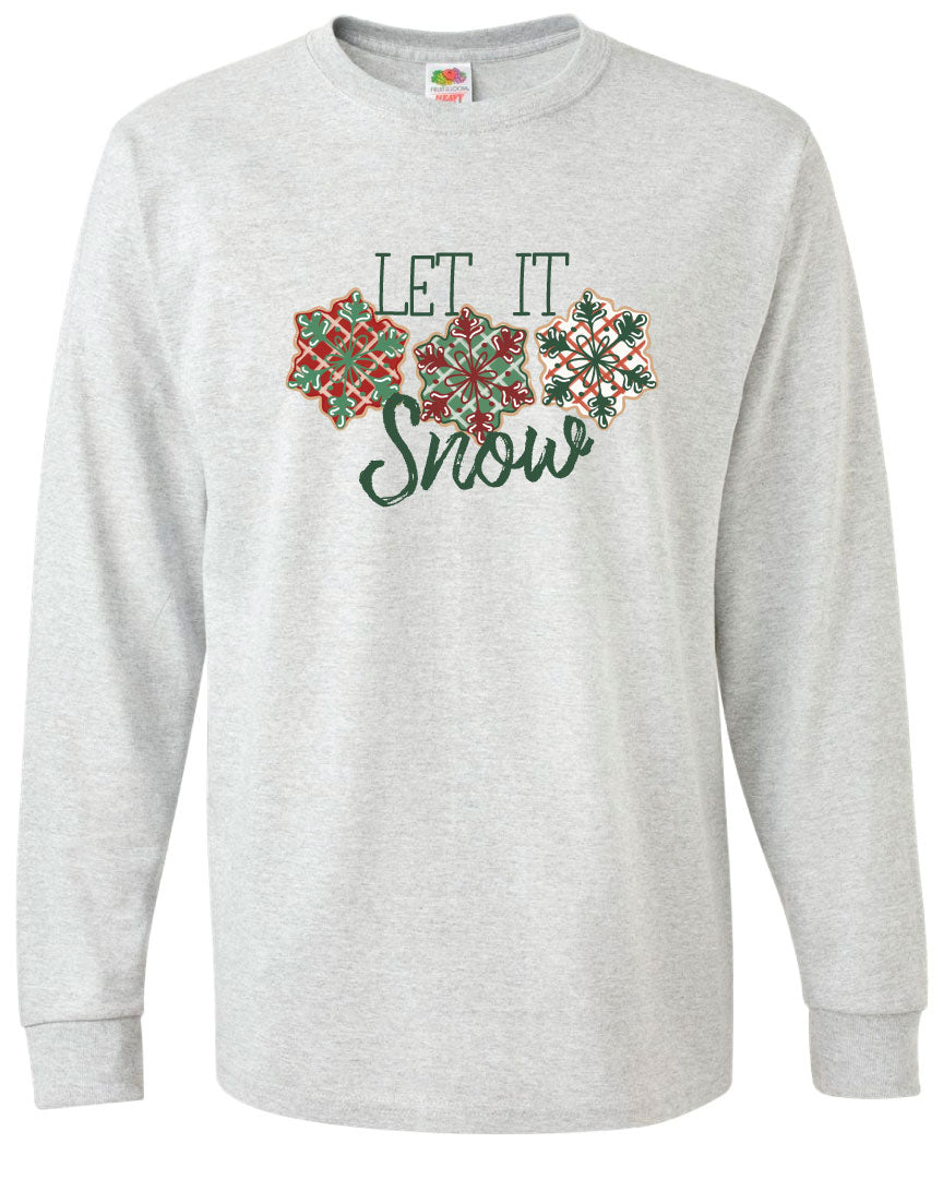 Ash long sleeve tee with the words Let It in think block letters at the top with three snowflakes underneath. Far left snowflake is red with beige stripes and a green snowflake design on the top, Middle snowflake is green with white stripes and a dark red snowflake design on the top, and the right snowflake is white with red stripes and a dark green snow flake design on top and the word snow in a brush script underneath.