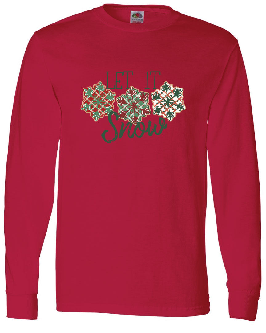 Red long sleeve tee with the words Let It in think block letters at the top with three snowflakes underneath. Far left snowflake is red with beige stripes and a green snowflake design on the top, Middle snowflake is green with white stripes and a dark red snowflake design on the top, and the right snowflake is white with red stripes and a dark green snow flake design on top and the word snow in a brush script underneath.