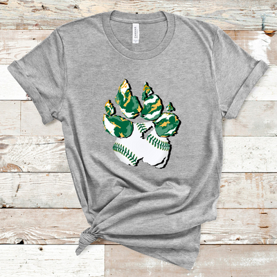 Athletic Grey Tee. Graphic of a paw print, the pad of the paw is baseball print with green laces and the toe pads are abstract green, yellow, and white print.