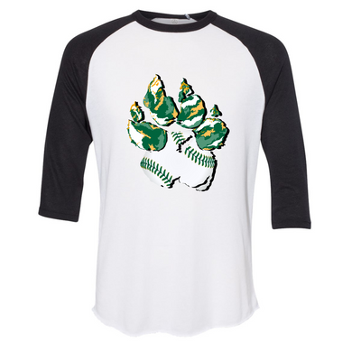 Black & White Raglan. Graphic of a paw print, the pad of the paw is baseball print with green laces and the toe pads are abstract green, yellow, and white print.