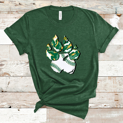 Grass Green Tee. Graphic of a paw print, the pad of the paw is baseball print with green laces and the toe pads are abstract green, yellow, and white print.