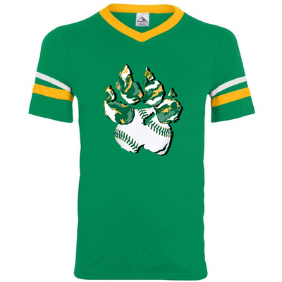 Green & Yellow Varsity V-Neck. Graphic of a paw print, the pad of the paw is baseball print with green laces and the toe pads are abstract green, yellow, and white print.