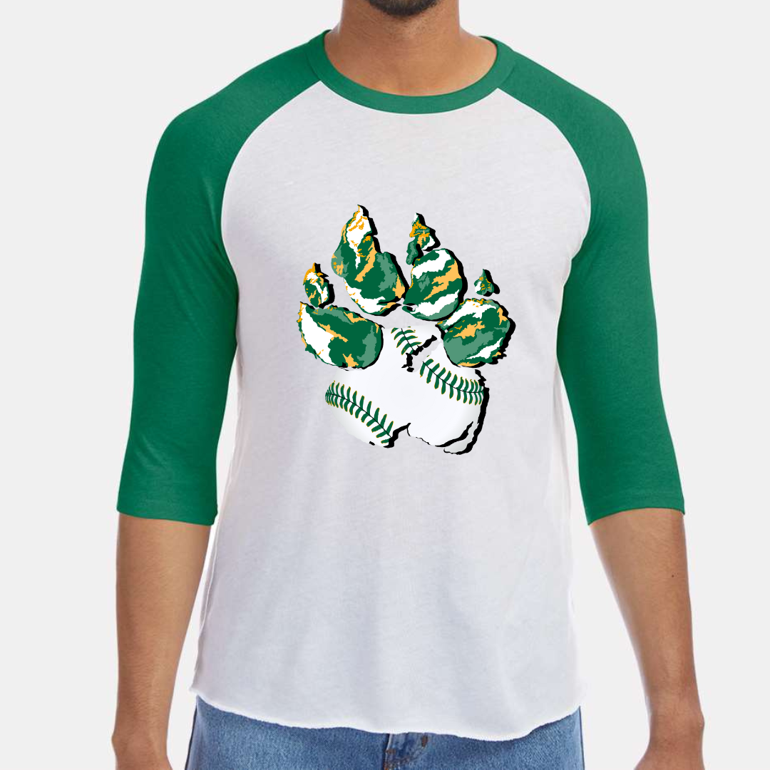 Green & White Raglan. Graphic of a paw print, the pad of the paw is baseball print with green laces and the toe pads are abstract green, yellow, and white print.
