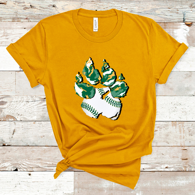 Heather Mustard. Graphic of a paw print, the pad of the paw is baseball print with green laces and the toe pads are abstract green, yellow, and white print.