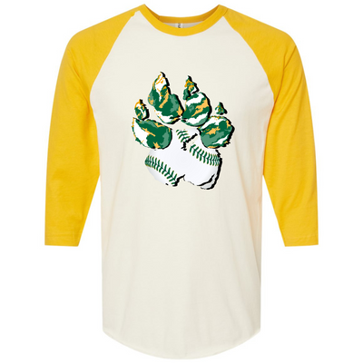 Yellow & White Raglan. Graphic of a paw print, the pad of the paw is baseball print with green laces and the toe pads are abstract green, yellow, and white print.