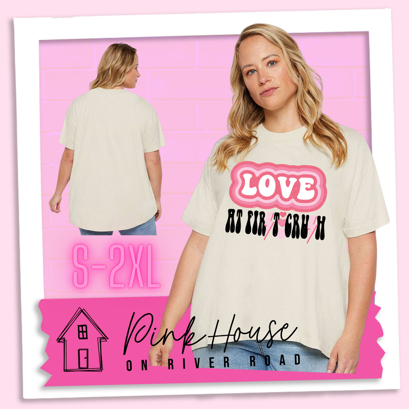 An oversized natural HiLo Tee. The graphic has the word Love in retro bubble letters with differetn colored pink outlines radiating from the word, underneath are the worxs at first in black with the s in first replaced with a pink lightning bolt, then there are three different colored hearts followed by the word crush in the same black font with the S replaced with the same pink lightening bolt.