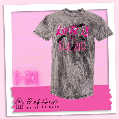 Charcoal Mineral Wash Tee with Graphic. Graphic says " Love Is in the Air". "Love Is" is a hot pink cursive font with white highlights and hot pink accent lines underneath is the word "In" Is it in a black font with a hot pink highlight. on the bottom is "The Air" in Light pink with light pink accent lines. There are also black flying bugs with hot pink spots behind their heads