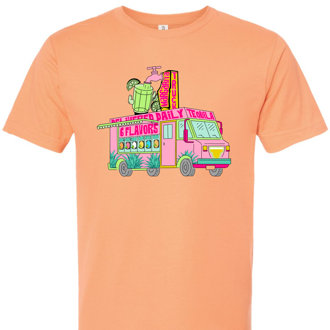 Cantaloupe Tee. Graphic has a food truck that delivers margaritas. Truck is pink with words that say Delivered Daily Tequila 6 Flavors across the top. The side of the truck has 6 different drink dispensers and the top of the truck has a spot and margarita pitcher.
