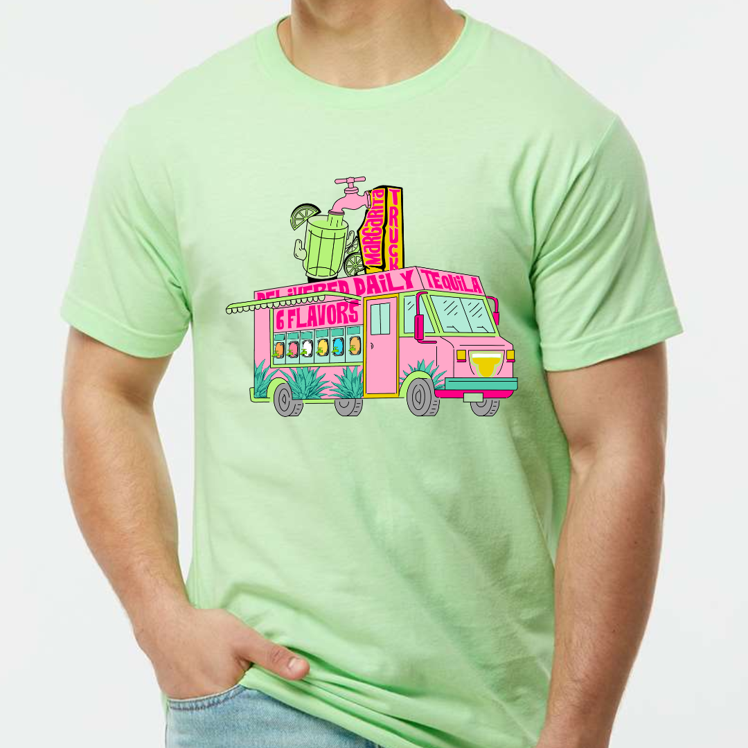 Neon Mint Tee. Graphic has a food truck that delivers margaritas. Truck is pink with words that say Delivered Daily Tequila 6 Flavors across the top. The side of the truck has 6 different drink dispensers and the top of the truck has a spot and margarita pitcher.