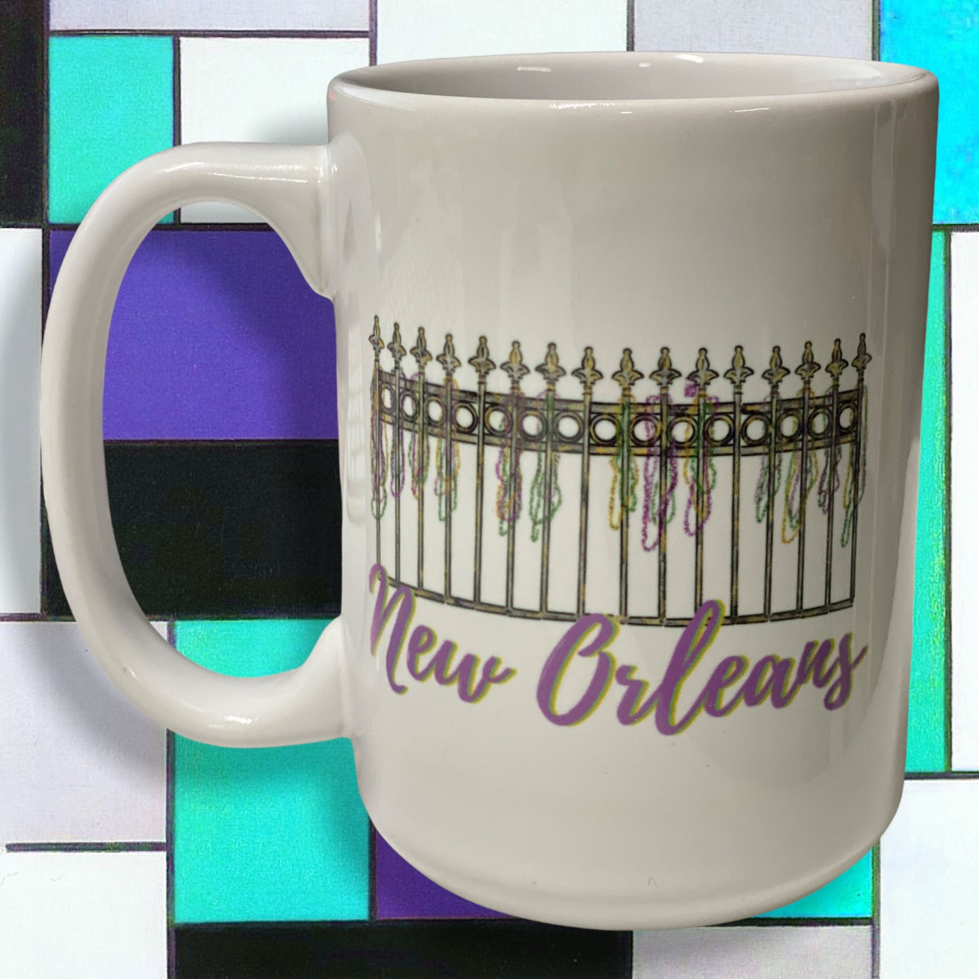 NOLA Mardi Gras Wrought Iron Fence w/ Beads Louisiana Coffee Mug