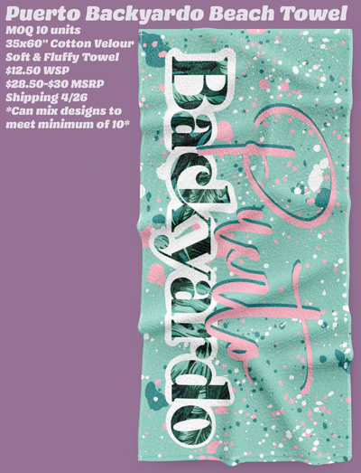 A teal towel with white, pink, and dark teal paint splatters. There is the word Puerto in pink cursive above the word Backyardo which is in a leaf print with a white shadow.