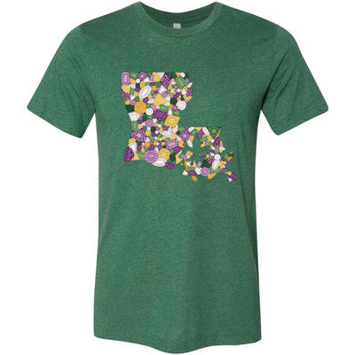 Green tee with a graphic of the state of Louisiana compromised of different shapes and sizes of purple, green, yellow and clear jewels.